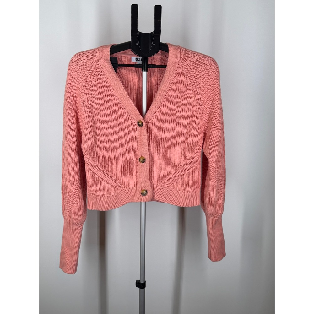 525 America Women Coral Pink Shaker Knit Cropped Cardigan Cotton Sweater Small
